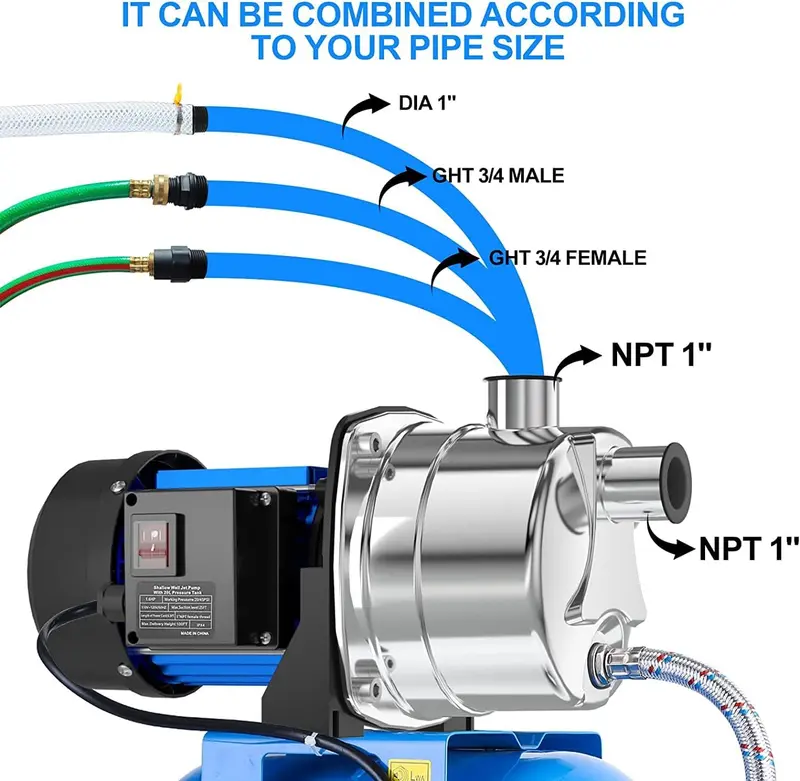 1.6HP Stainless Steel Shallow Well Jet Pump with Pressure Tank – 1268 GPH for Irrigation and Residential Water Supply