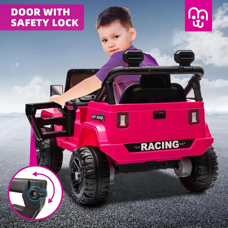 12V Remote-Controlled Ride-On Truck for Children – Twin 35W Motors, Bluetooth Audio, Dynamic LED Lighting, Suspension System & Safety Harness (Rosy Color)