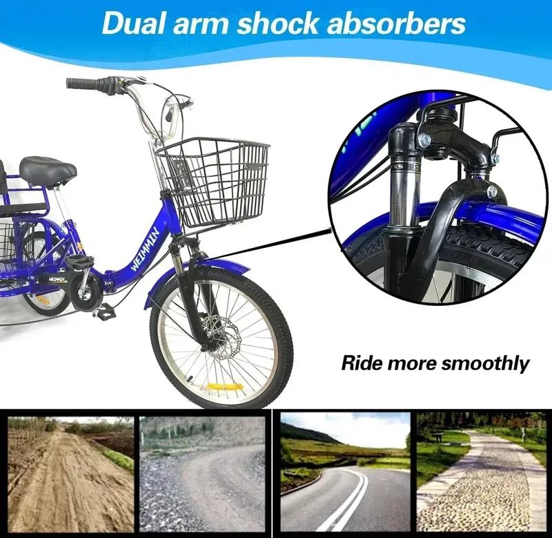 20-Inch 7-Speed Foldable Adult Tricycle – Blue Star-Striped Comfort Trike for Easy Commuting
