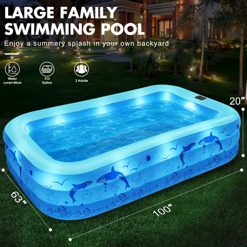 2026 Solar-Powered Inflatable Pool – Upgraded Lighted Backyard Pool with Reinforced Walls for Adults and Kids (Light Blue Finish) 2
