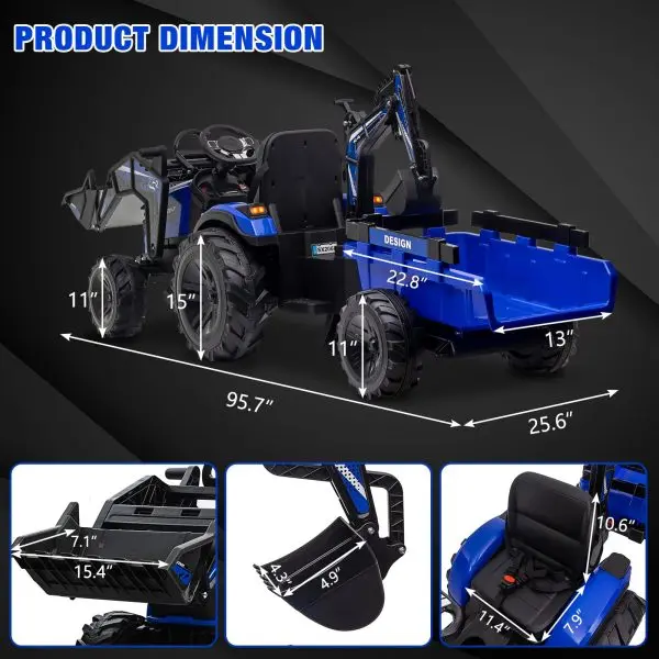 24V 3-in-1 Ride-On Tractor Toy – Excavator, Bulldozer & Tractor Functions with Remote, LED Lights & Bluetooth Audio (Blue)