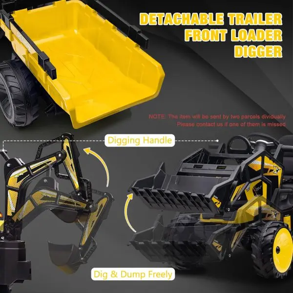 24V 3-in-1 Ride-On Tractor Toy – Excavator, Bulldozer & Tractor Modes with Remote, LED Lights, USB & Bluetooth (Yellow)