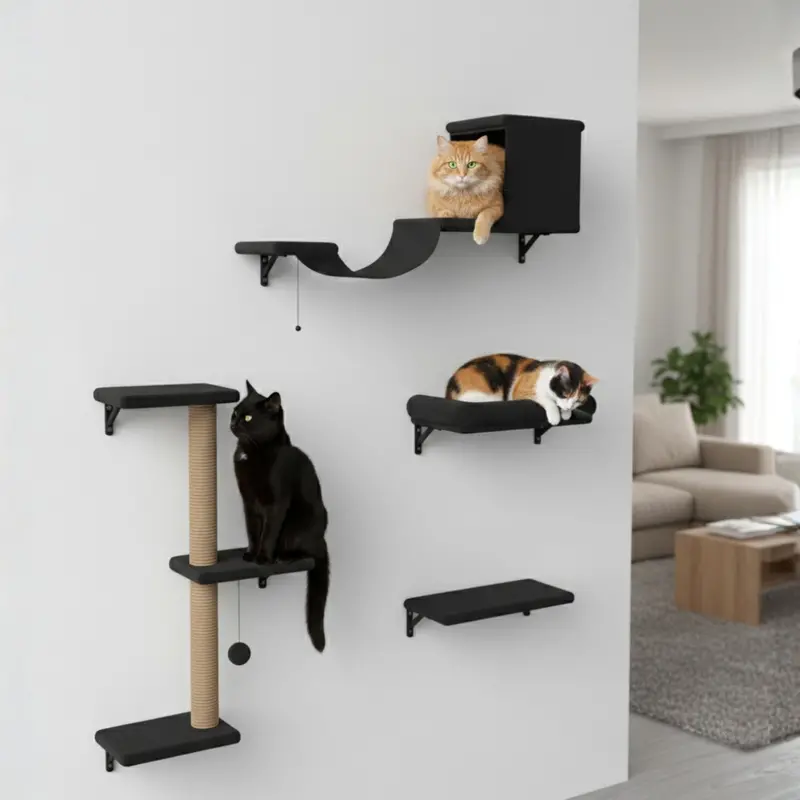 4-Piece Modular Cat Wall Shelf Kit: Scratcher, Cozy Bed, and Play Platforms