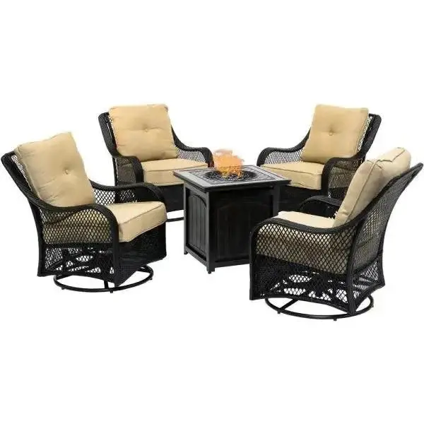 5-Piece Steel Fire Pit Conversation Set – Swiveling Glider Chairs, Square Center Table, and Navy Blue Cushioned Seating