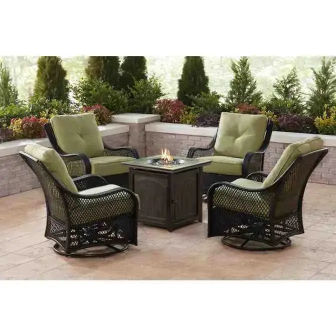5-Piece Steel Fire Pit Patio Set – Square Table with Swivel Glider Chairs & Navy Blue All-Weather Cushions