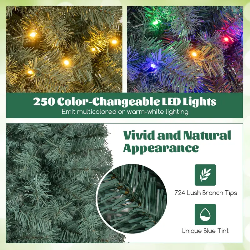 7.5-Foot Blue Slim Pencil Christmas Tree – Pre-Lit Design with 250 Warm White & Multicolor LEDs, 9 Modes, 724 Branch Tips