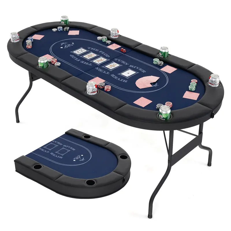 8-Player Foldable Poker Table – Reinforced Surface with Deep Metal Cup Holders