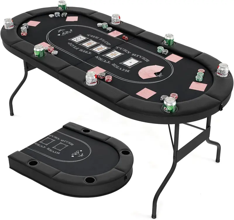 8-Player Foldable Poker Table – Reinforced Surface with Deep Metal Cup Holders