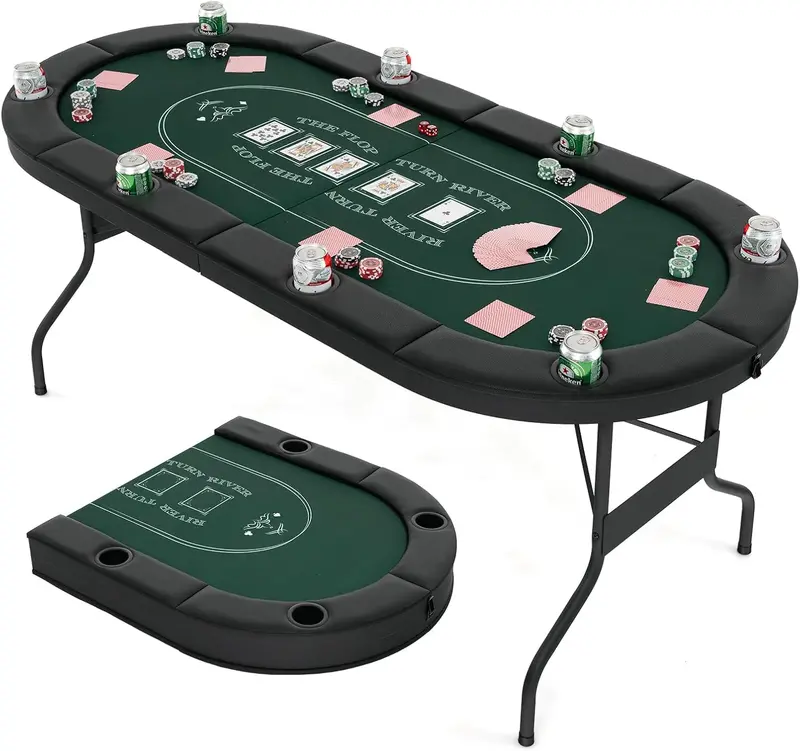 8-Player Foldable Poker Table – Reinforced Surface with Deep Metal Cup Holders