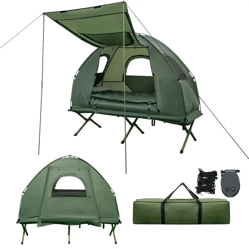 All-in-One Folding Camping Cot System with Inflatable Mattress, Pillow, and Insulated Sleeping Bag