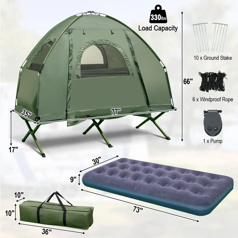 All-in-One Folding Camping Cot System with Inflatable Mattress, Pillow, and Insulated Sleeping Bag 2