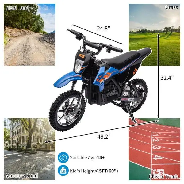 Blue 36V Kids' Electric Dirt Bike – High-Torque Drive, LED Display & Safety Braking System