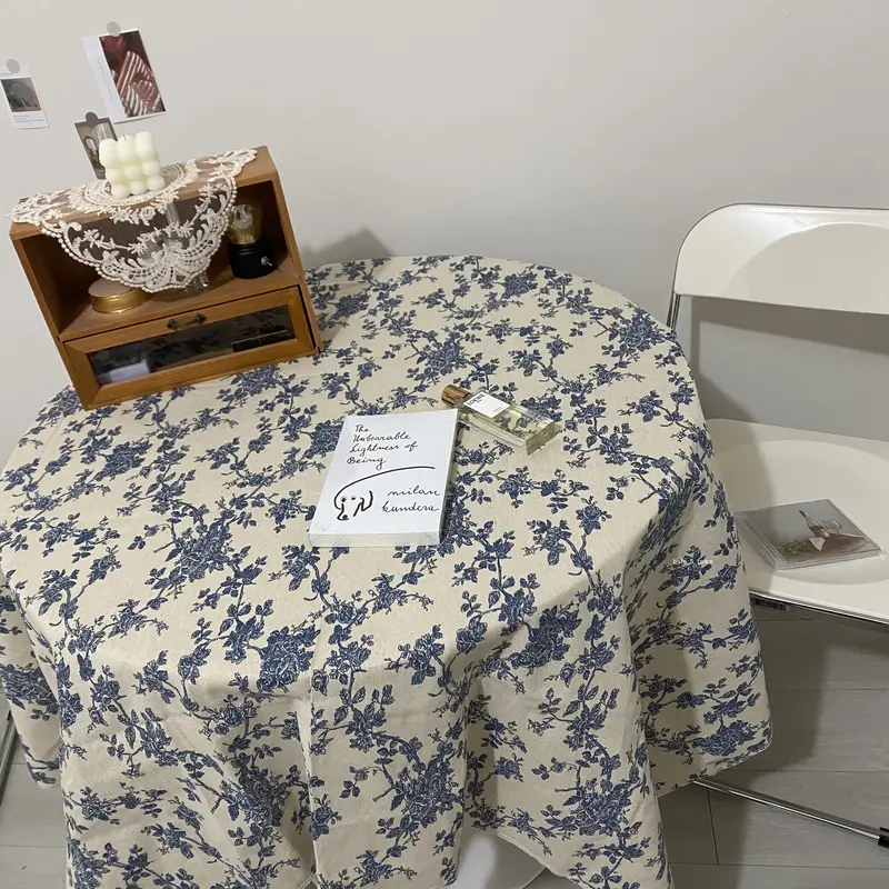 Blue Rose Floral Cotton-Linen Tablecloth – Romantic Vintage Picnic & Indoor Dining Essential with Soft Texture and Timeless Pattern 2