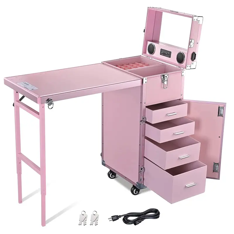 BYOOTIQUE Pink Rolling Nail Cart – Cosmetic Trolley with Adjustable Mirror and Four Organized Drawers