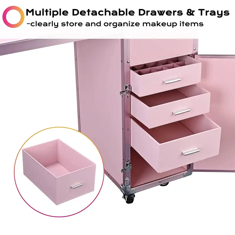 BYOOTIQUE Pink Rolling Nail Cart – Cosmetic Trolley with Adjustable Mirror and Four Organized Drawers