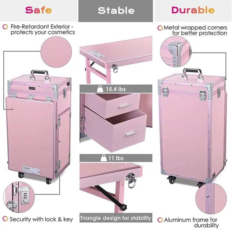 BYOOTIQUE Pink Rolling Nail Cart – Cosmetic Trolley with Adjustable Mirror and Four Organized Drawers