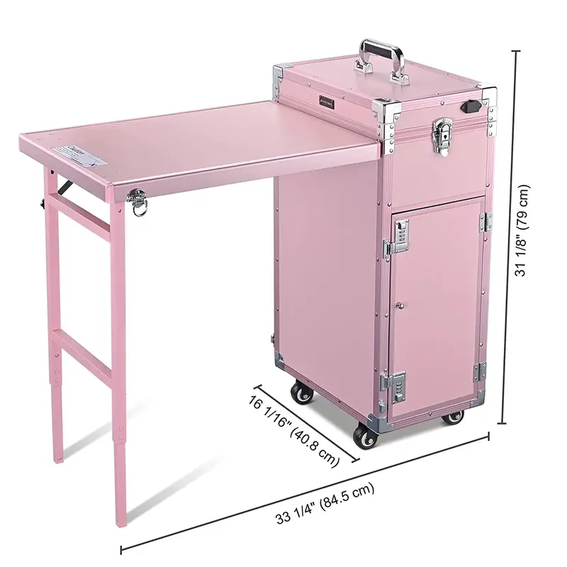 BYOOTIQUE Pink Rolling Nail Cart – Cosmetic Trolley with Adjustable Mirror and Four Organized Drawers