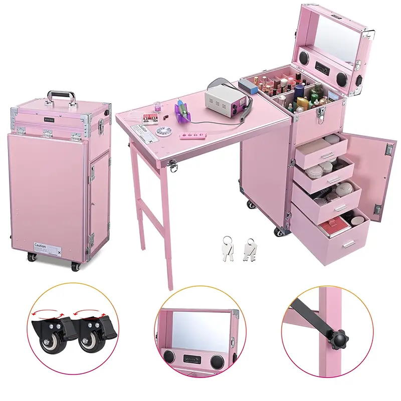BYOOTIQUE Rolling Nail Art Station – Pink Mobile Makeup Cart Featuring Mirror, 4 Smooth-Glide Drawers 2