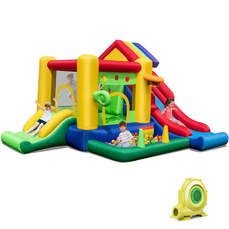 Costway Rainbow Kids’ Inflatable Bounce House – Play Castle Featuring 50 Ocean Balls and 735W High-Flow Blower