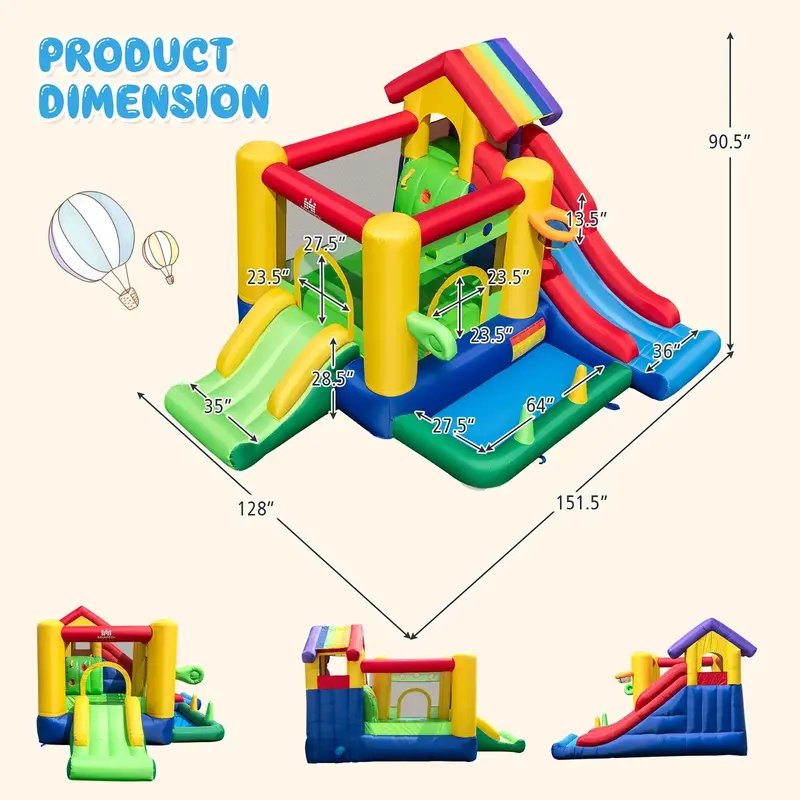 Costway Rainbow Kids’ Inflatable Bounce House – Play Castle Featuring 50 Ocean Balls and 735W High-Flow Blower