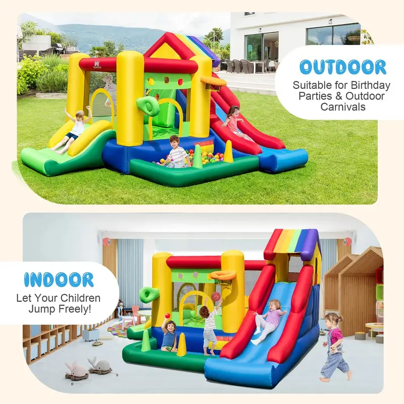 Costway Rainbow Kids’ Inflatable Bounce House – Play Castle Featuring 50 Ocean Balls and 735W High-Flow Blower