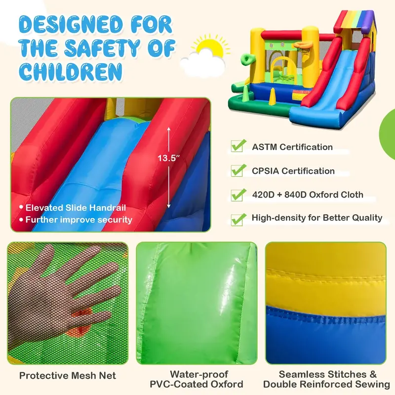 Costway Rainbow Kids’ Inflatable Bounce House – Play Castle Featuring 50 Ocean Balls and 735W High-Flow Blower