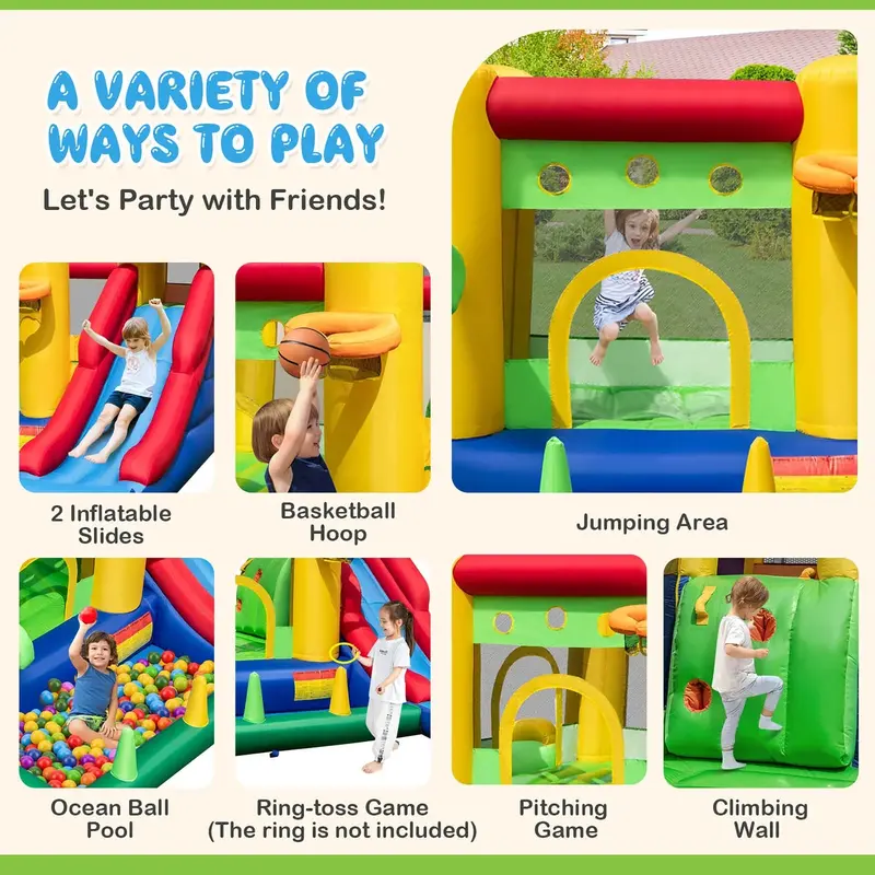 Costway Rainbow Kids’ Inflatable Bounce House – Play Castle Featuring 50 Ocean Balls and 735W High-Flow Blower