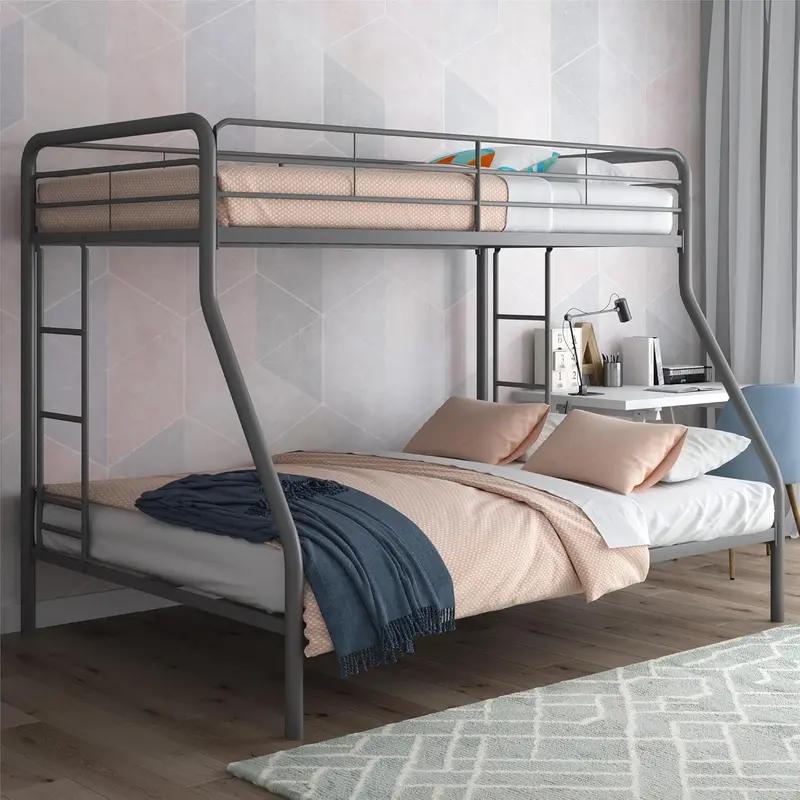 DHP Dusty Twin-Over-Full Bunk Bed – Industrial-Inspired Off-White Metal Frame with Integrated Ladder & Safety Rails