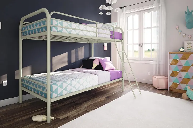 DHP Dusty Twin-Over-Full Bunk Bed – Industrial-Inspired Off-White Metal Frame with Integrated Ladder & Safety Rails