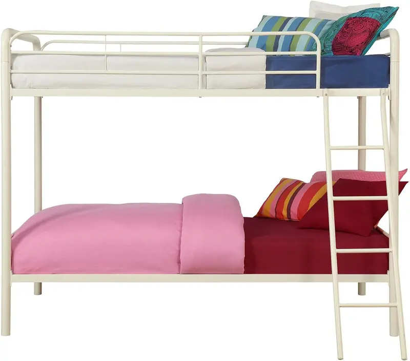DHP Dusty Twin-Over-Full Bunk Bed – Space-Saving Metal Frame in Soft Off-White Finish
