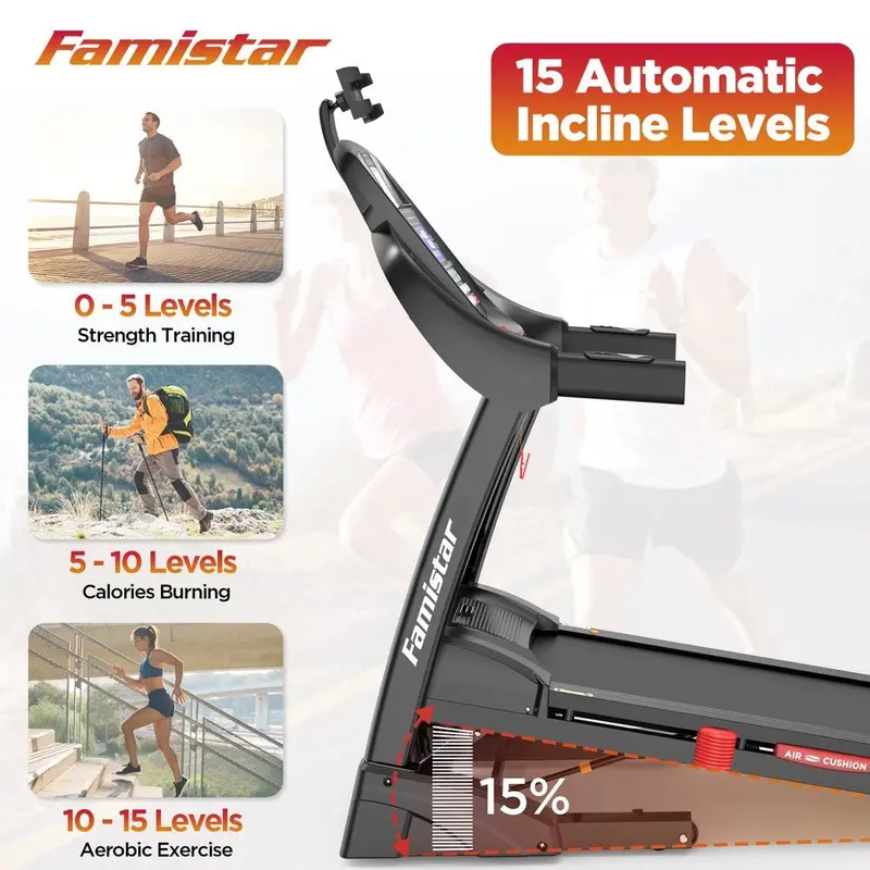 Famistar Folding Treadmill – 15 Auto-Incline Levels, 300-LB Weight Capacity, Top Speed 10 MPH