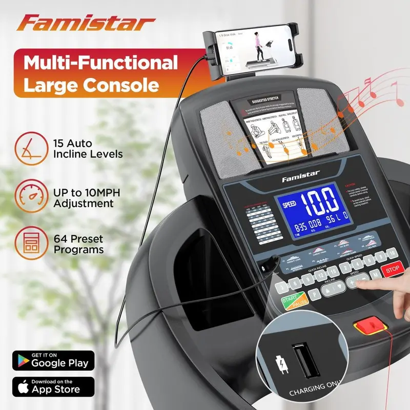 Famistar Folding Treadmill – 15 Auto-Incline Levels, 300-LB Weight Capacity, Top Speed 10 MPH