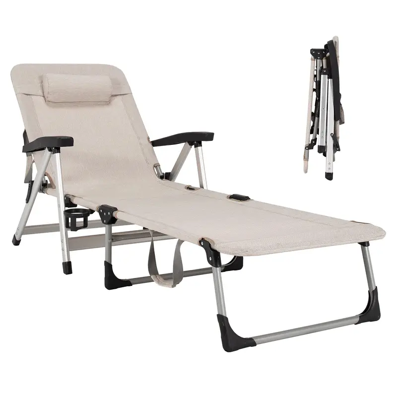 Foldable Outdoor Lounge Chair – Features Cup Holder and Removable, Adjustable Headrest