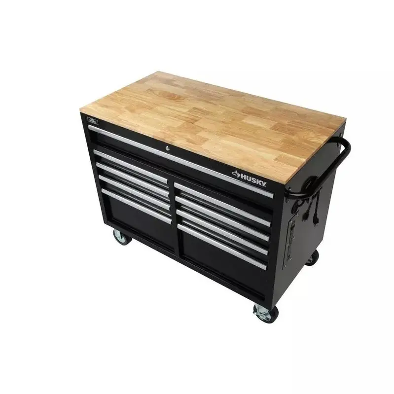 Gloss Black 9-Drawer Mobile Tool Chest – Integrated Power Strip and Premium Solid Wood Work Surface
