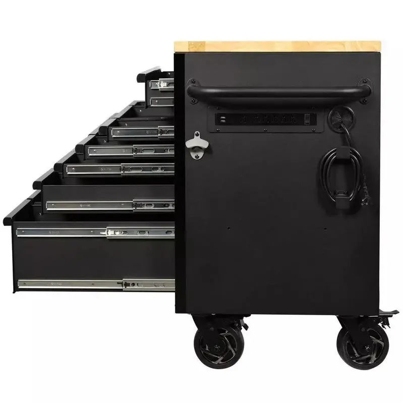 Heavy-Duty 61" Mobile Workbench – 15-Drawer Steel Cabinet with Solid Wood Work Surface