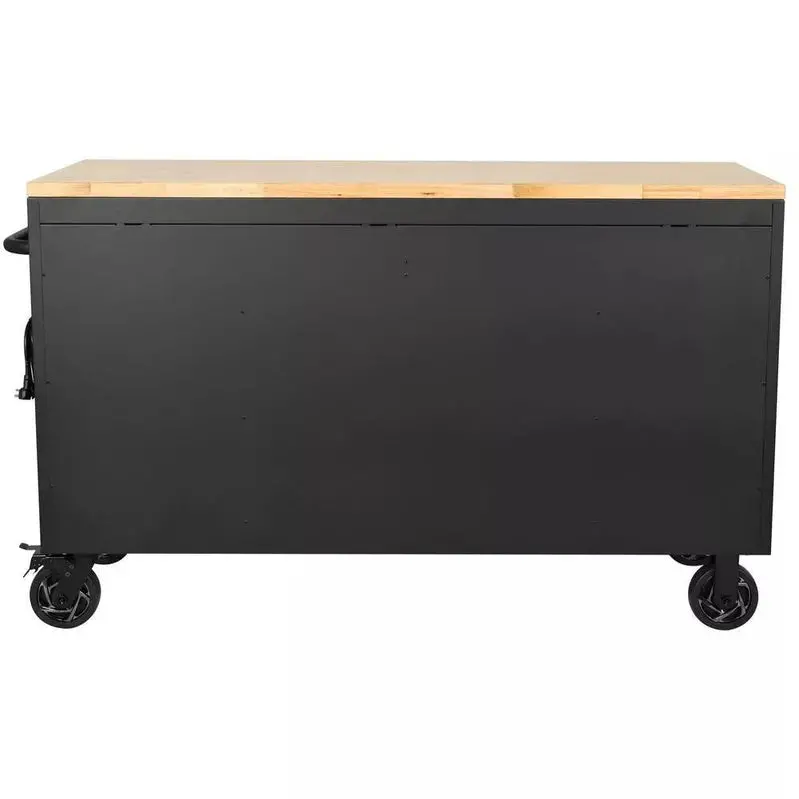 Industrial-Grade 61" Mobile Tool Cabinet – 15-Drawer Steel Base & Durable Solid Wood Countertop