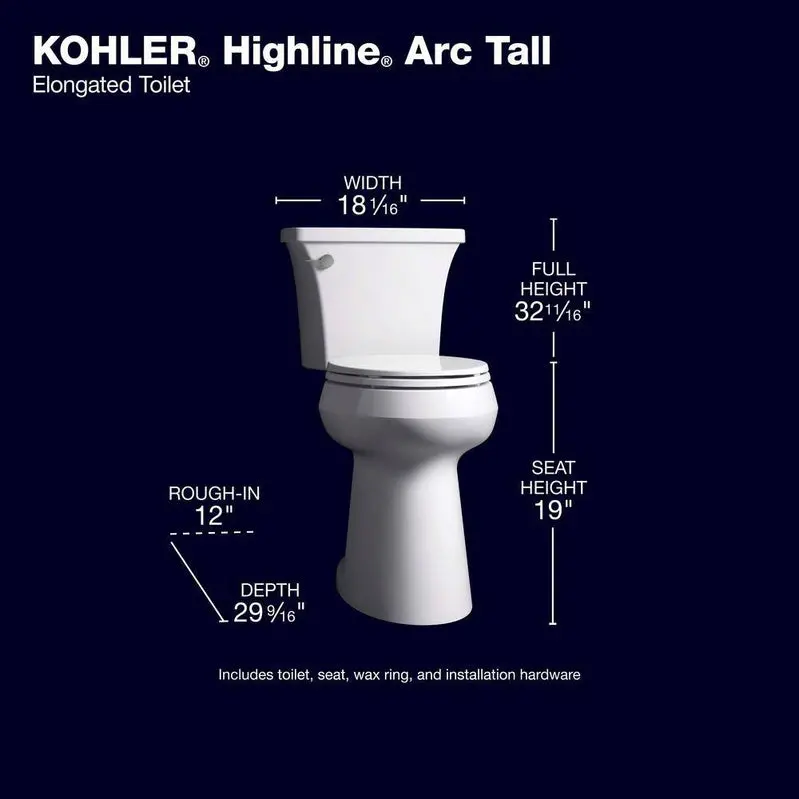 KOHLER Highline Arc Extra-Tall 2-Piece Elongated Toilet – Efficient 1.28 GPF Flush, White Finish with Integrated Soft-Close Seat (Model 78305-0)