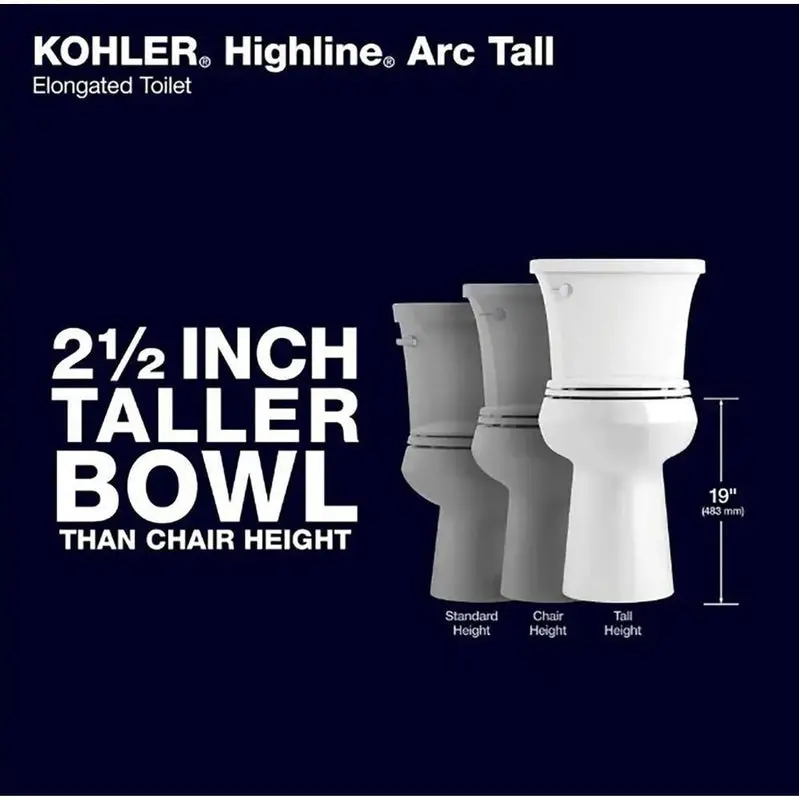 KOHLER Highline Arc Tall-Height 2-Piece Elongated Toilet – Eco-Conscious 1.28 GPF Performance, White with Coordinated Seat Assembly