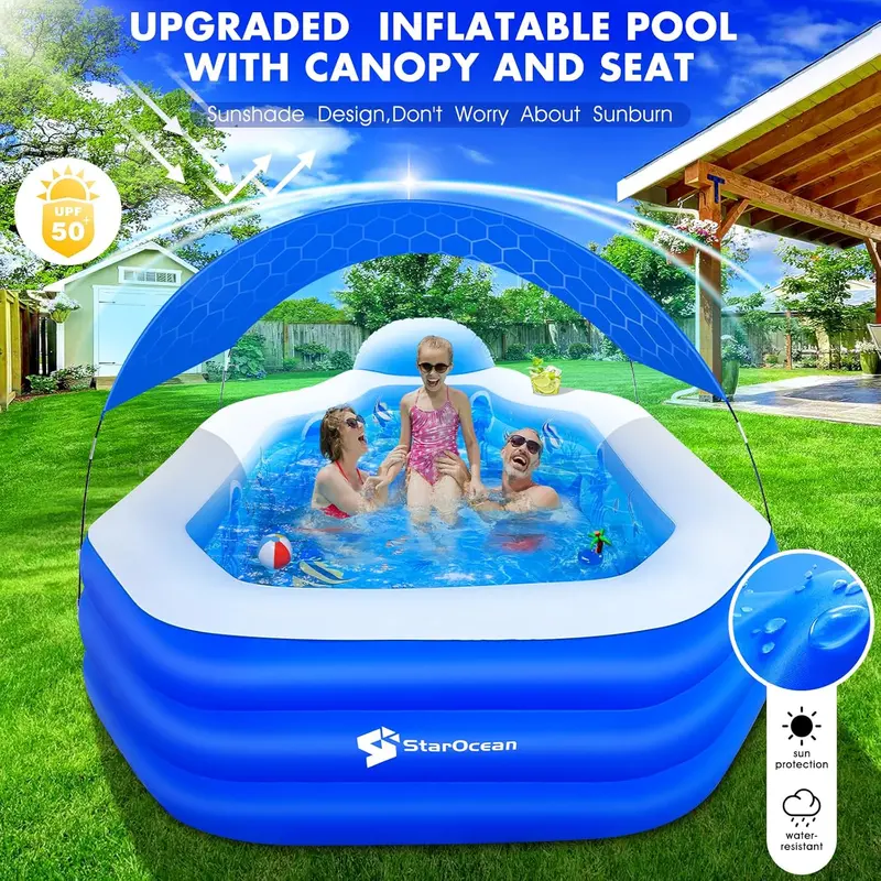 Large Canopy Inflatable Family Pool – Blow-Up Swimming Pool with Integrated Seats and Ergonomic Backrests (118" × 75" × 22", Deep Blue)