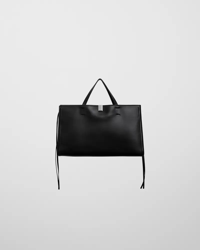 Medium Kit Cabas Handbag | Black Calf Leather With Silver Badge Lock 1