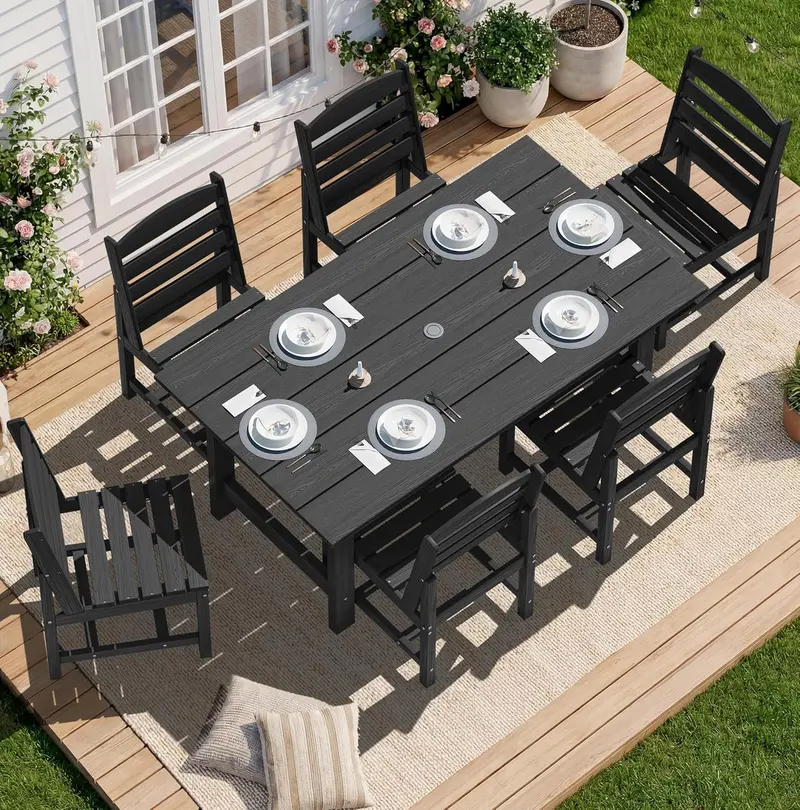 SERWALL Blue HDPE 7-Piece Outdoor Dining Set: Weatherproof Patio Table with Umbrella Hole + Six Stackable Chairs