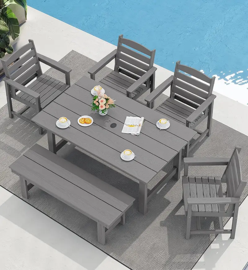 SERWALL Blue HDPE 7-Piece Outdoor Dining Set: Weatherproof Patio Table with Umbrella Hole + Six Stackable Chairs