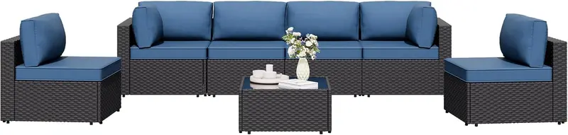 Shintenchi Aegean Blue PE Rattan 5-Piece Outdoor Sectional with Machine-Washable Cushions and Tempered Glass Table