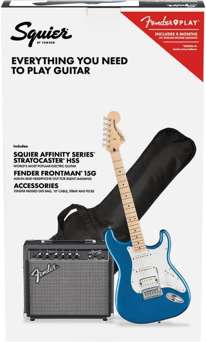 Squier Affinity Stratocaster HSS Guitar Pack — Maple Fingerboard, Lake Placid Blue Finish, Includes Amp & Accessories