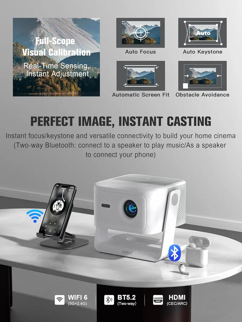 VOPLLS 4K Google TV Smart Projector – Dual-Band WiFi, Bluetooth 5.0, Optimized for Outdoor Use