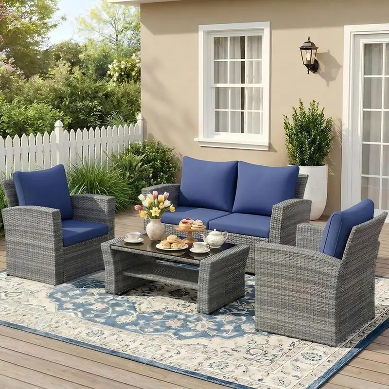 Wisteria Lane Navy Blue 4-Piece All-Weather Wicker Patio Sofa Set Including Comfort Cushions and Clear Glass Coffee Table