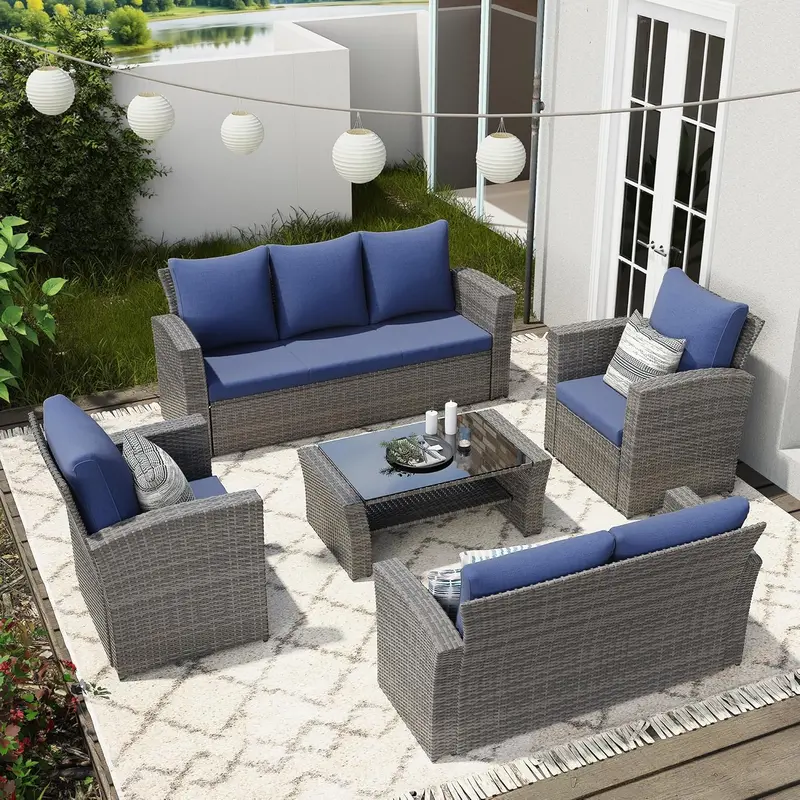 Wisteria Lane Navy Blue 4-Piece All-Weather Wicker Patio Sofa Set Including Comfort Cushions and Clear Glass Coffee Table